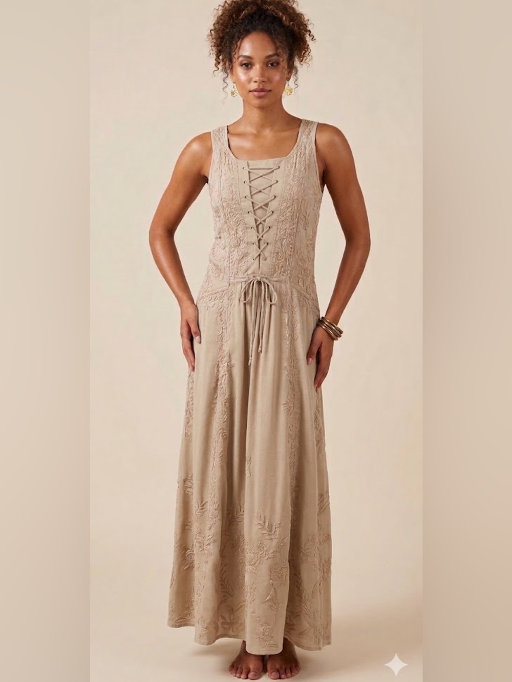Kala Imports Elegant Beige Sleeveless Dress Festival NEW